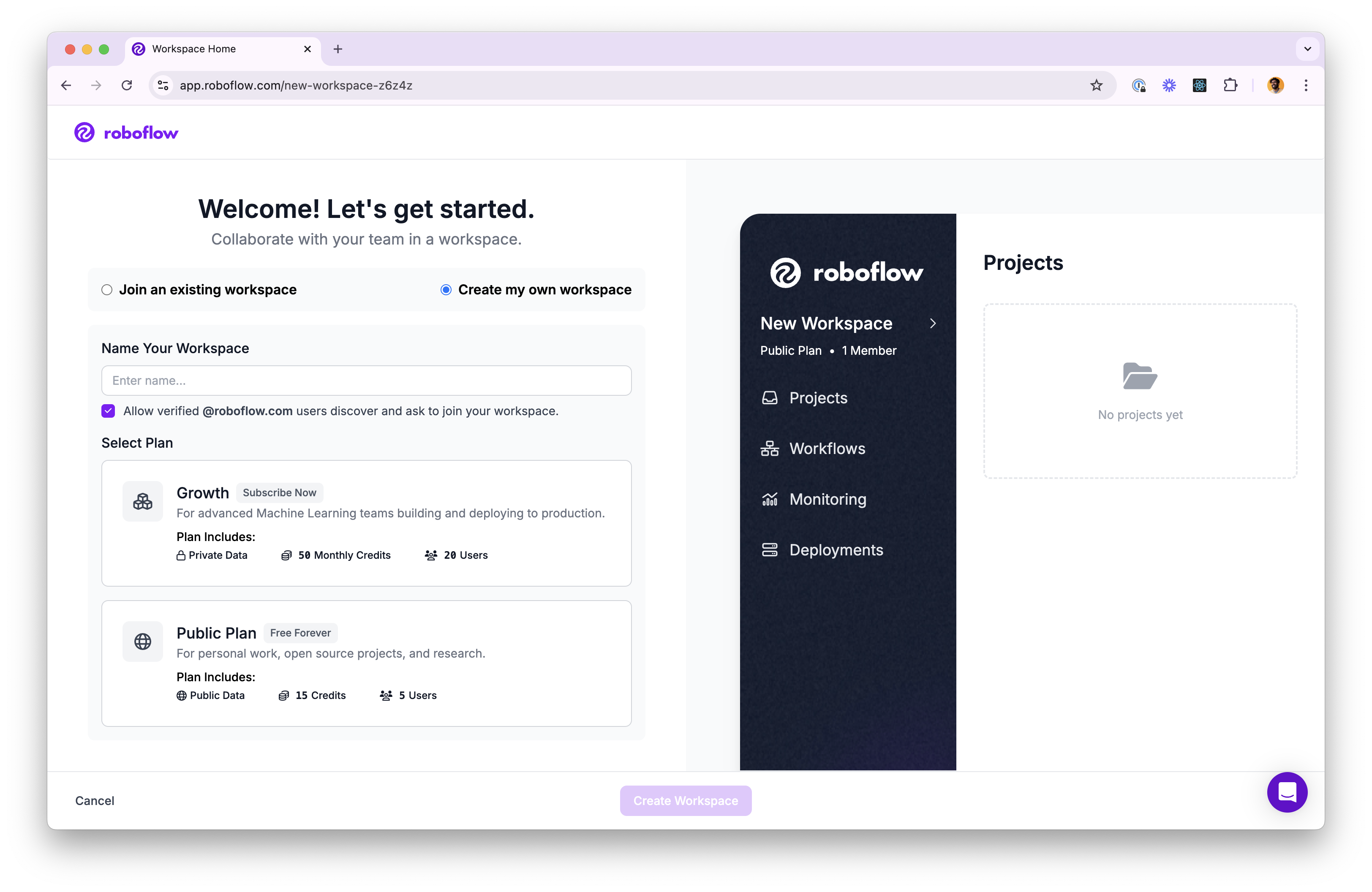 Workspace Creation Menu: Workspace Usage Type Selection